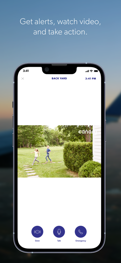 Canary - Smart Home Security - Canary App Live-Video-Feed des Hinterhofs mit Notfallaktionsschaltflächen