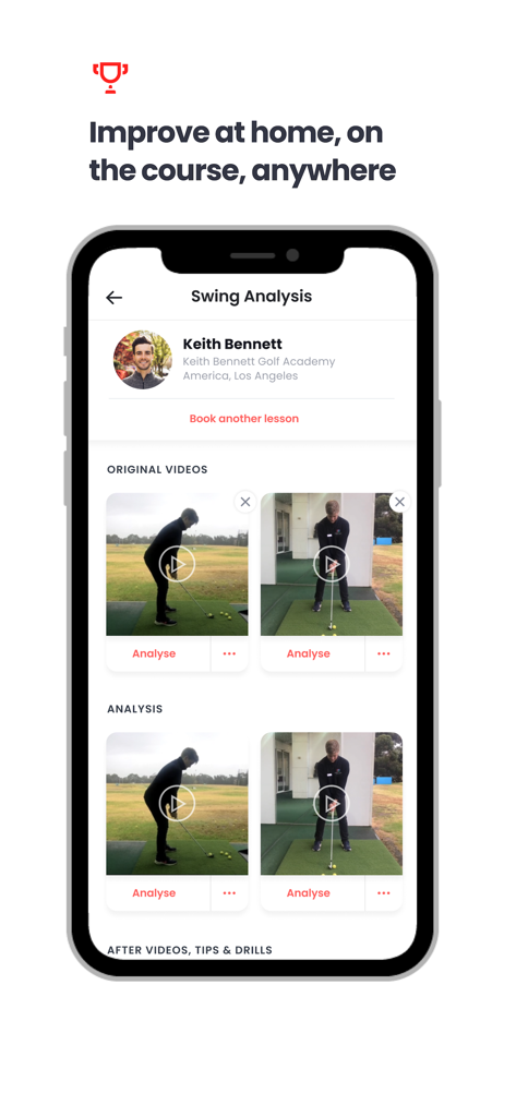 Skillest: #1 Sports Coaching - Smartphone screen showing original and analyzed golf swing videos on the Skillest sports coaching app.