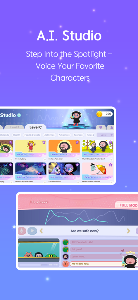HiDODO: AI English Play School - Interfaz del Estudio de IA de HiDODO que muestra actividades de doblaje de animaciones y entrenamiento de voz para niños