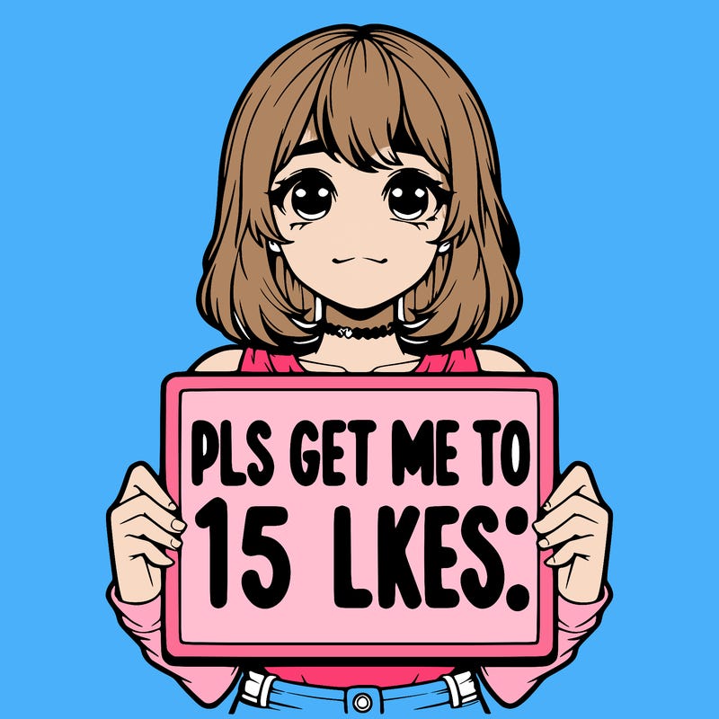 realistic girl holding up a sign that says “pls get me to 15 likes!”