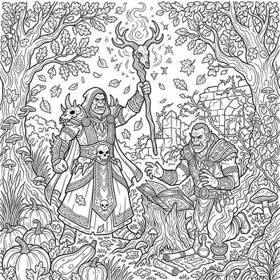 Journey into a mystical autumn forest where formidable Orc Warlocks conjure ancient spells. This intricate coloring page offers a captivating blend of fantasy and seasonal charm, perfect for hours of creative engagement.