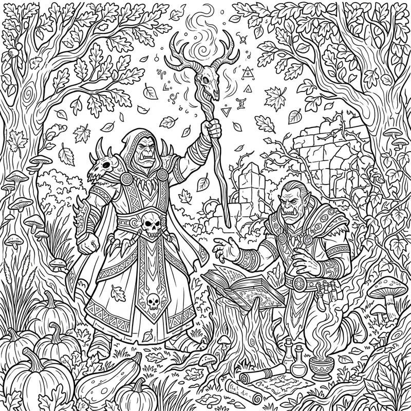 Journey into a mystical autumn forest where formidable Orc Warlocks conjure ancient spells. This intricate coloring page offers a captivating blend of fantasy and seasonal charm, perfect for hours of creative engagement.