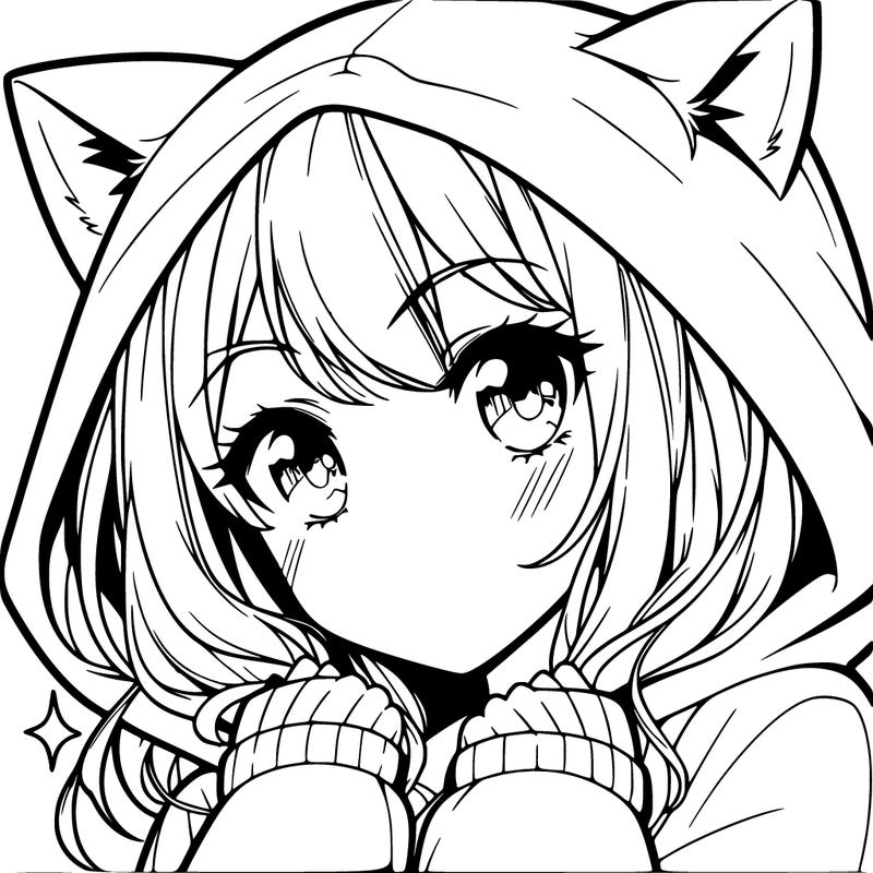 anime beautiful girl with a hoodie with cat ears on it