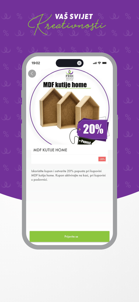 Pantalla de la aplicación móvil que muestra un veinte por ciento de descuento en artículos de decoración para el hogar.