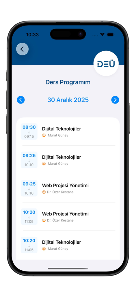 DEU Mobil student schedule screen displaying daily classes and times