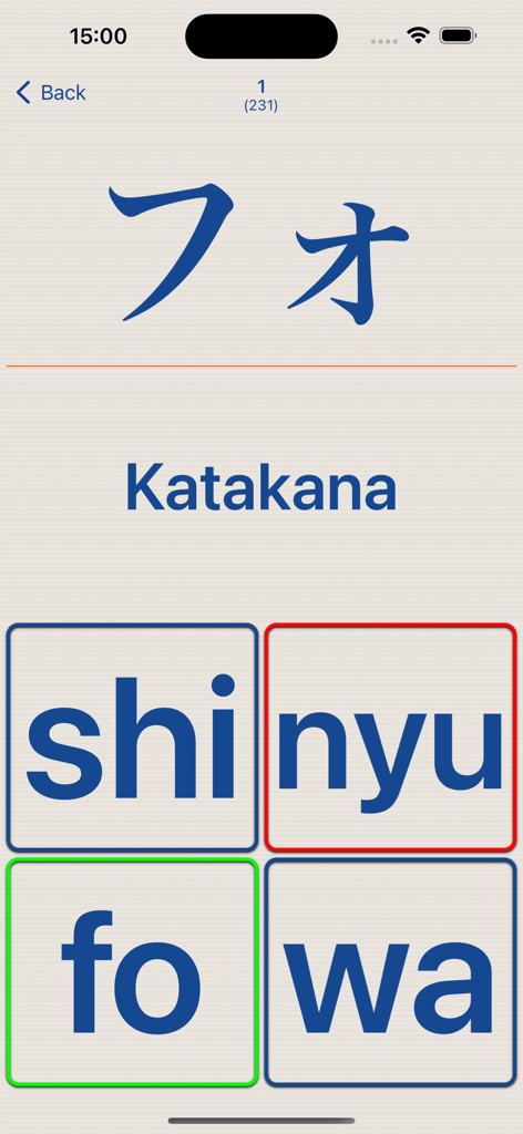 Um quiz de múltipla escolha de Katakana no aplicativo Kana LS Touch mostrando o caractere para fo.