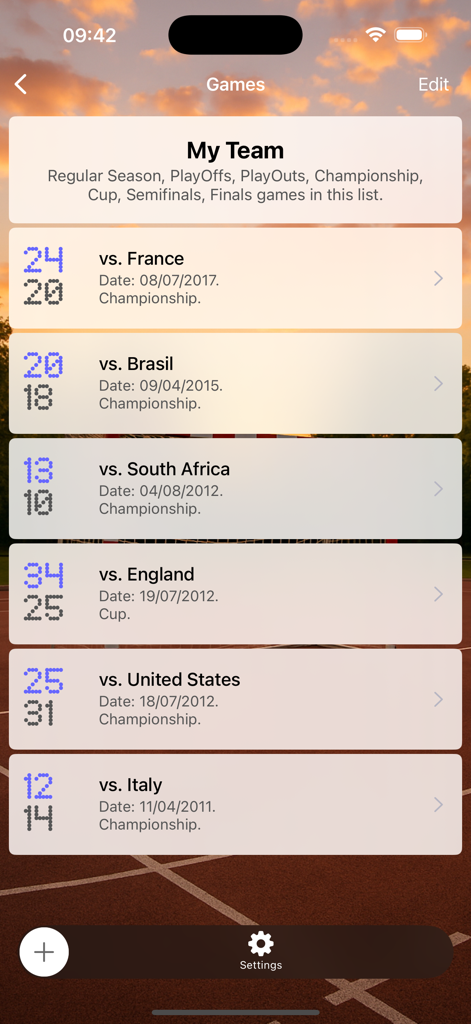 Assistant Coach Handball - A list of handball game results showing scores and dates for various international matches within the app