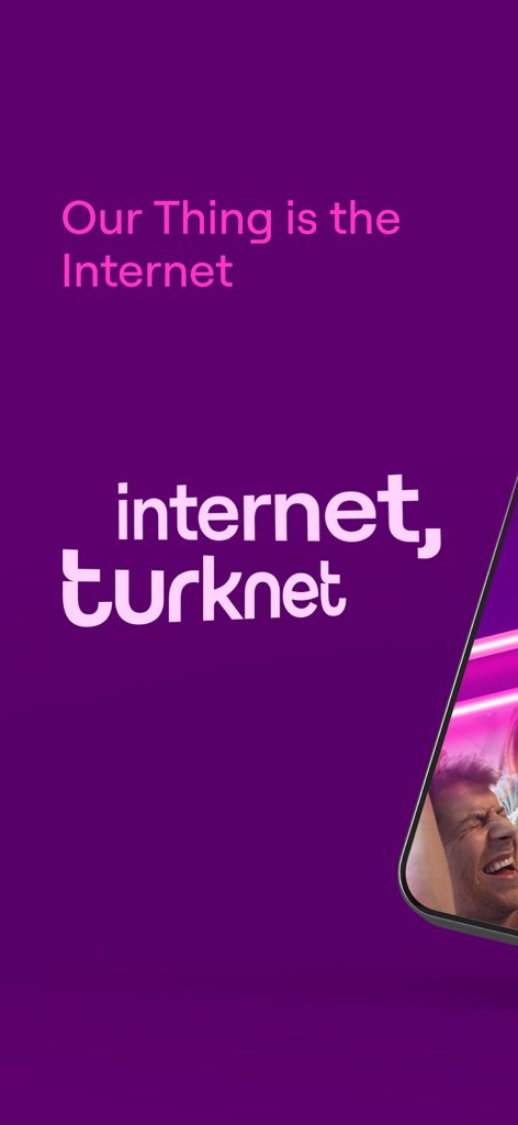 TurkNet mobile app splash screen with the slogan Our Thing is the Internet on a purple background