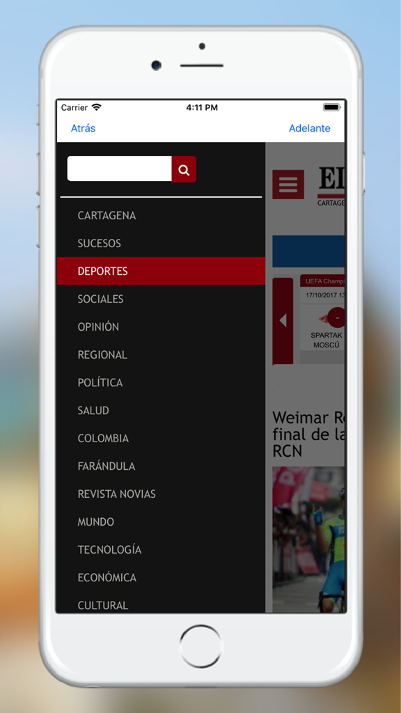 El Universal Cartagena - Menú de navegación de la aplicación de noticias El Universal Cartagena que muestra secciones de deportes, política y noticias locales