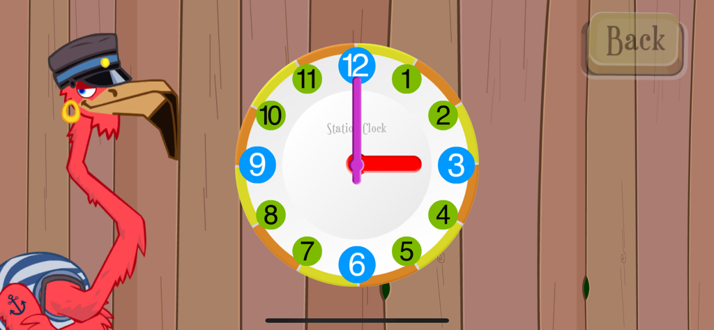 Interactive analog clock showing three o'clock with a cartoon flamingo character
