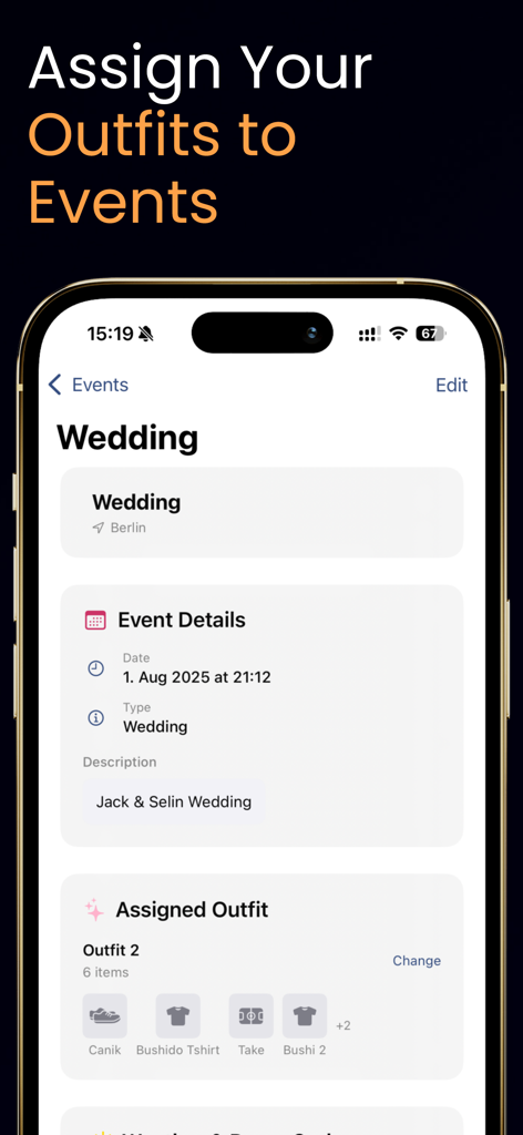 Closet & Outfit Organizer - Interface for assigning a specific outfit to a scheduled wedding event in the Closet and Outfit Organizer app