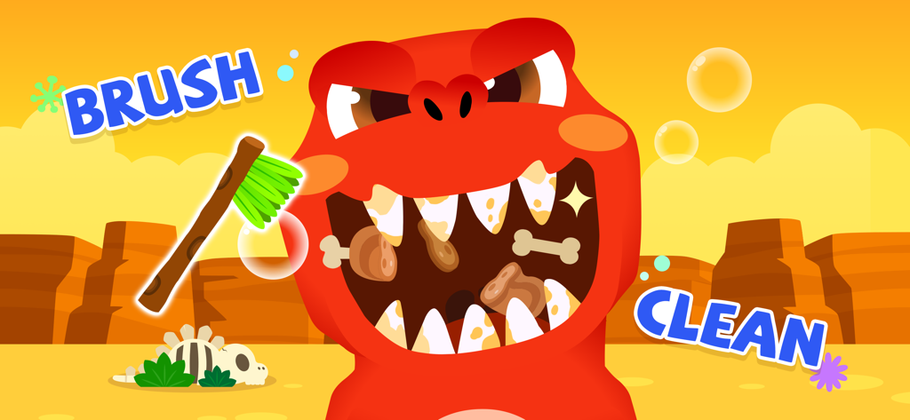Pinkfong Dino World: Kids Game - Dinosaurio rojo de dibujos animados lavándose los dientes en el juego infantil Pinkfong Dino World