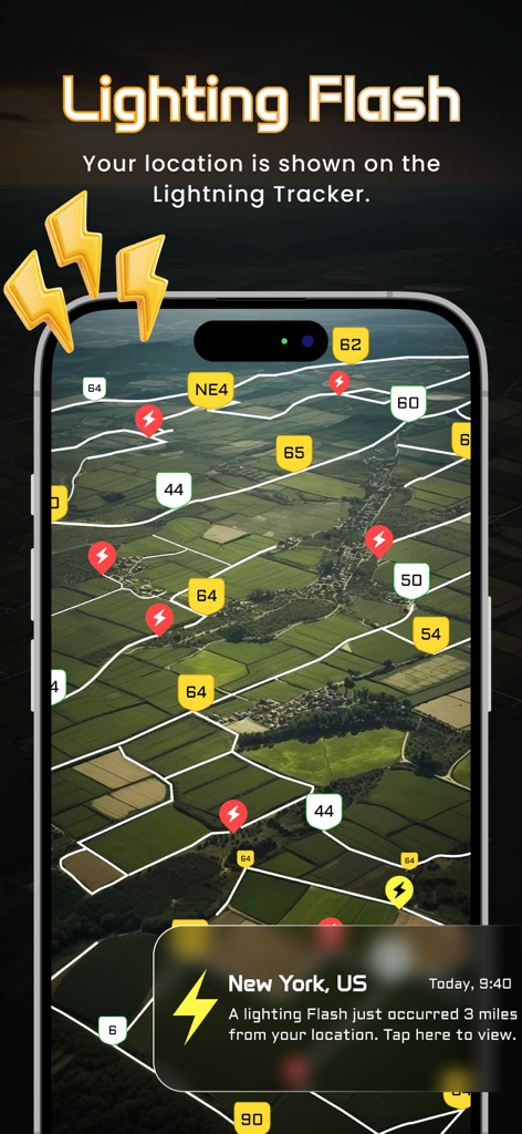 Lightning on Map : LR Tracker - A smartphone displaying a real-time lightning strike map with location-based flash alerts and interactive radar data.