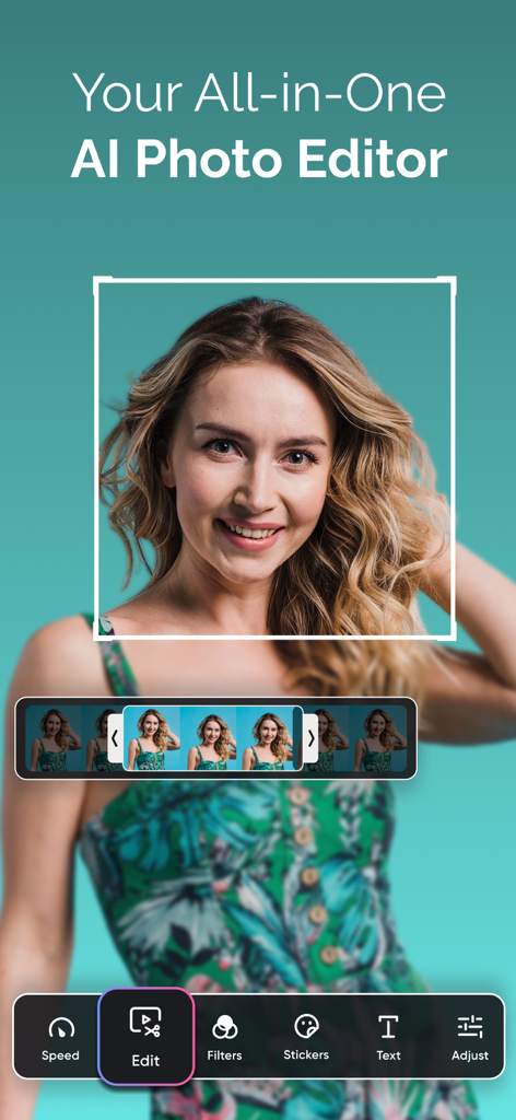 AI Art Photo Editor, GIF Maker - Uma interface de aplicativo móvel para o AI Art Photo Editor mostrando um retrato sendo editado com ferramentas para filtros de velocidade, adesivos e texto