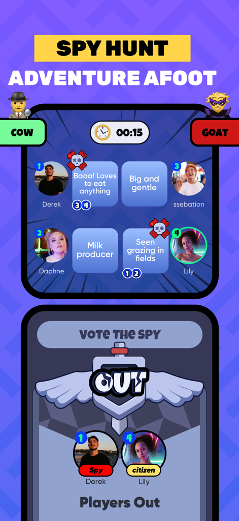 Three - Playhouse for GenZ - Players participating in the Spy Hunt social deduction game within the Three app interface