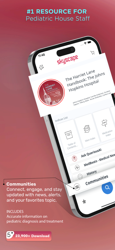 Smartphone che mostra l'interfaccia dell'app Harriet Lane Handbook per professionisti medici pediatrici con il marchio Johns Hopkins.