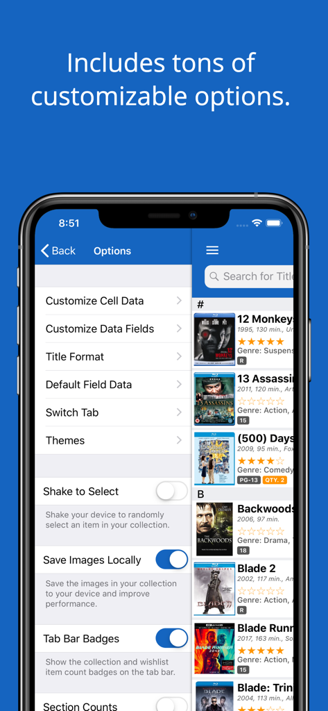 Smartphone screen displaying various customization settings and a movie collection list in the iCollect Everything app.