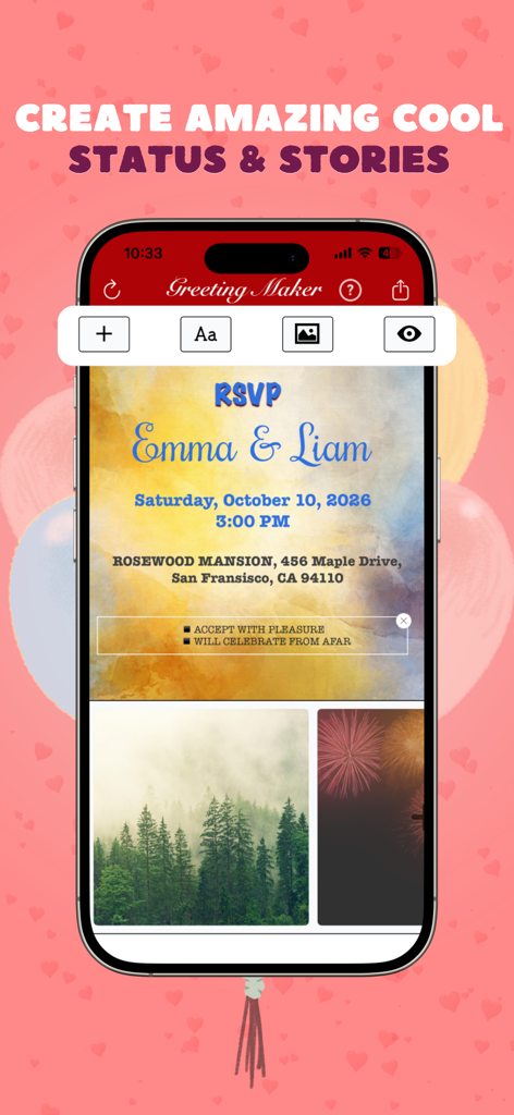 Greeting Card Maker & Invite - Mobile app interface showing a custom wedding RSVP invitation and social media story creation tools
