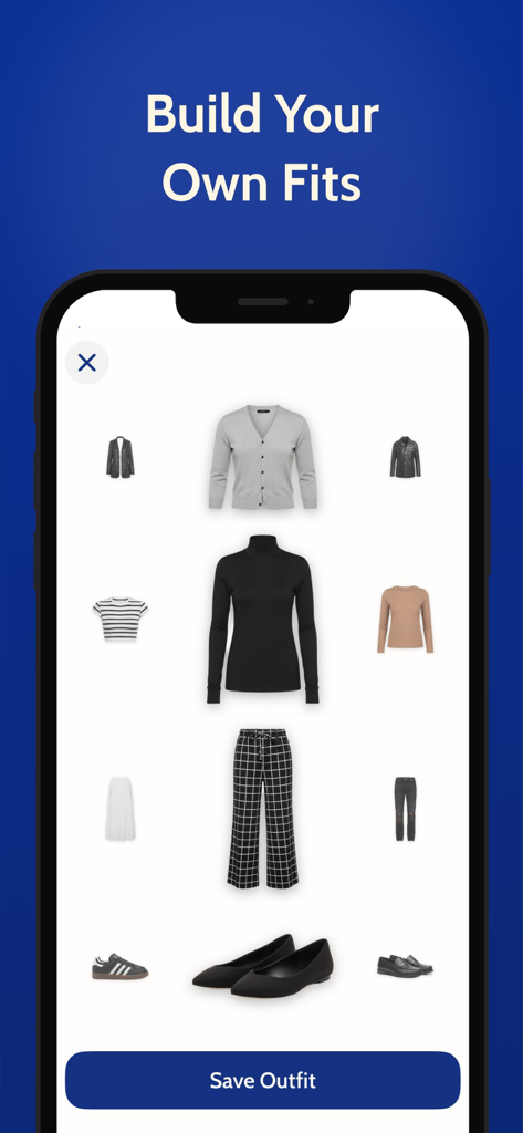 A smartphone screen displaying the Vesta Wardrobe app outfit builder with various clothing items and a save outfit button.