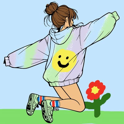 realistic girl jumping with a bun and oversized sweatshirt