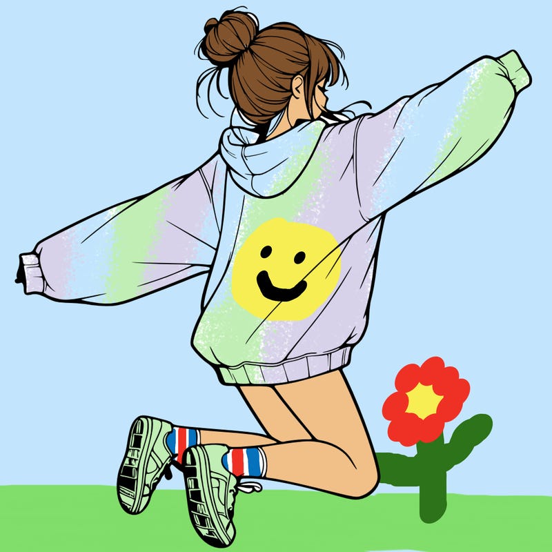 realistic girl jumping with a bun and oversized sweatshirt