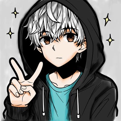 teenage manga boy in a hoodie, doing ✌