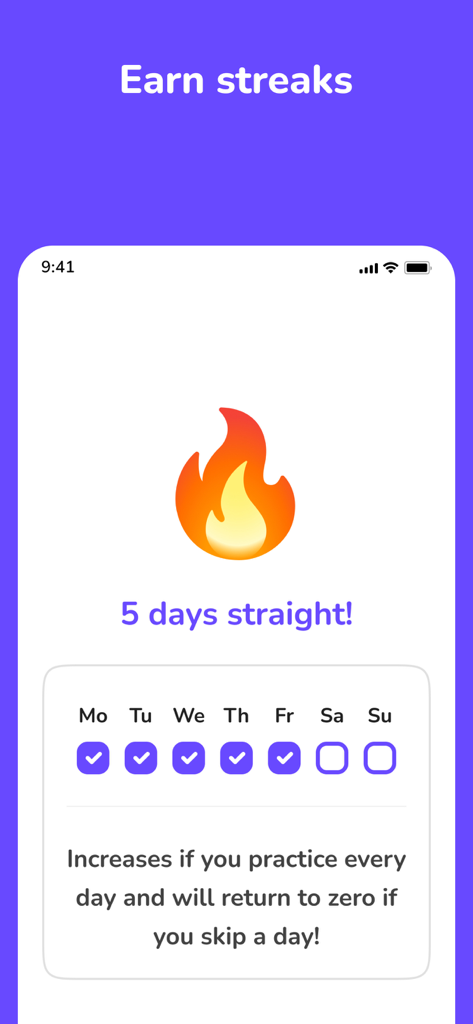 Elingo app interface showing a five day learning streak with a fire icon and weekly progress tracker.
