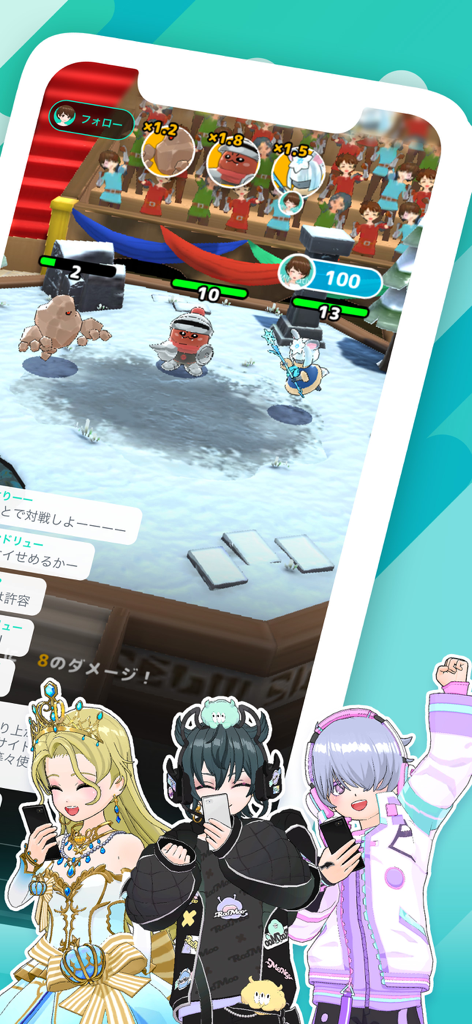 Smartphone-Bildschirm mit einer Live-Spielübertragung und drei Avataren im Anime-Stil, die unten Handys halten