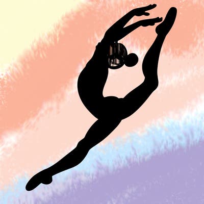 gymnast doing a leap in a leotard with a bent back leg