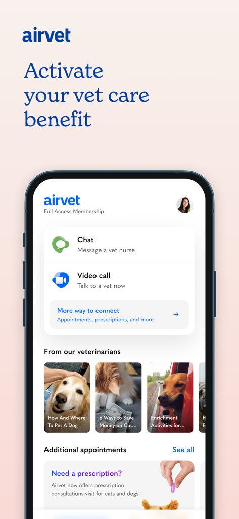 Airvet mobile app screen showing options for chat and video calls with veterinarians