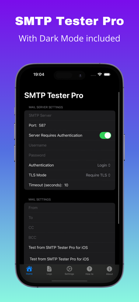 SMTP Tester Pro app interface on iPhone showing mail server settings in dark mode