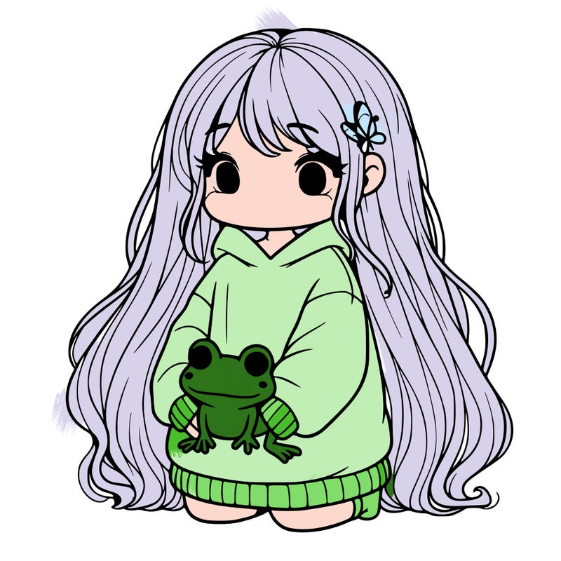 girl with long hair wearing an oversized shirt holding a frog