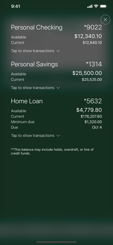 Valley Mobile Banking - Account balances screen showing personal checking, savings, and home loan details in the Valley Mobile Banking app.