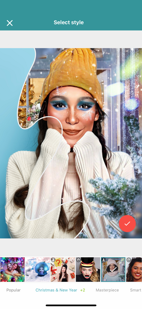 Christmas Photo Frames ゜ - Festive style selection screen for Christmas Photo Frames app with winter portrait effects.