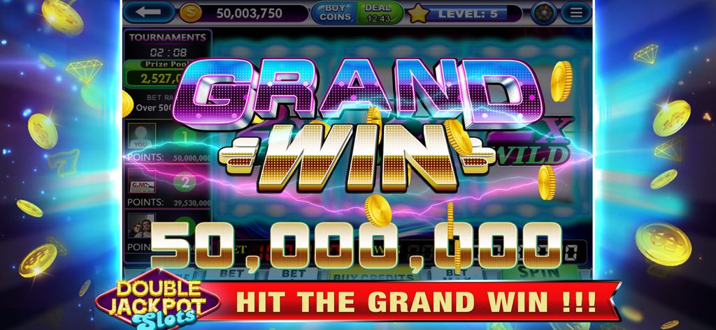 Grand Win screen in Double Jackpot Slots showing a 50 million coin prize with gold coin effects