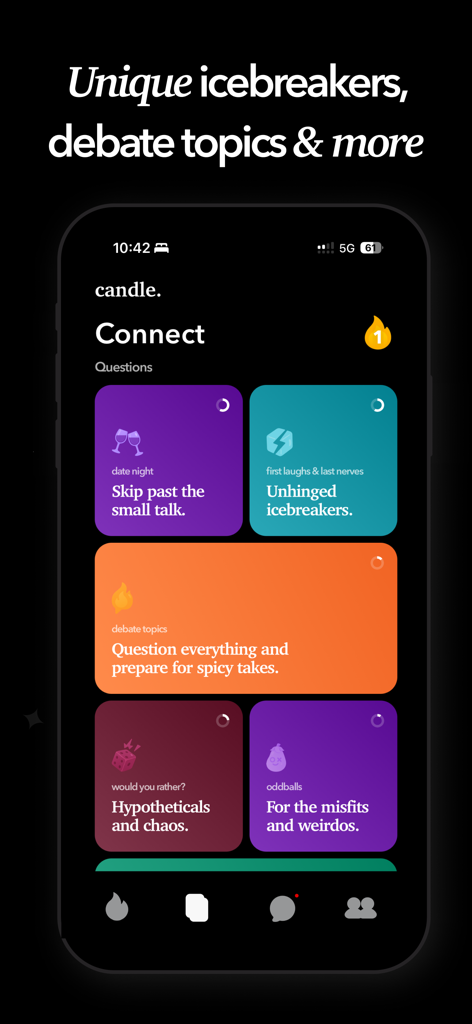 Mobile app screen showing colorful cards for couple conversation icebreakers and debate topics
