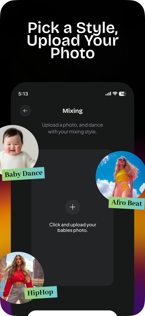 Yeah: AI Dance Video Generator - Interfaz de la app Yeah AI mostrando la selección de estilos de baile y la pantalla de carga de fotos con opciones como Baby Dance y HipHop