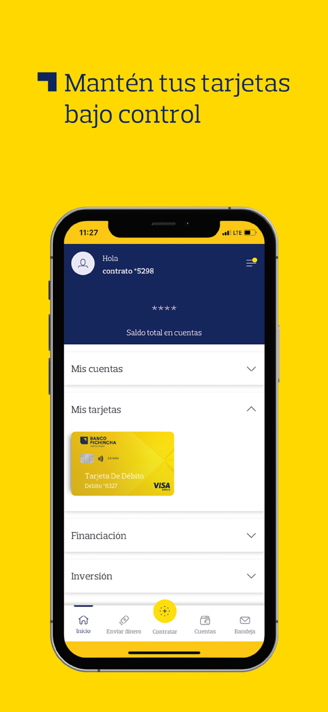 Banco Pichincha España - Banco Pichincha Espana Mobile App Dashboard mit einer Debitkarte und Finanzmanagement-Funktionen
