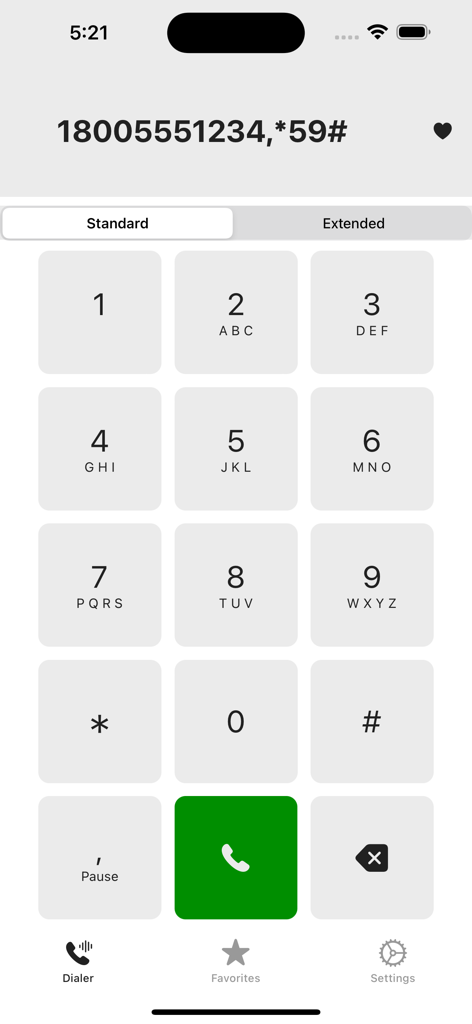 Dialer - Pantalla principal de la aplicación Marcador que muestra un teclado numérico estándar con un botón de marcar verde y una secuencia de números de teléfono que incluye una coma para una pausa