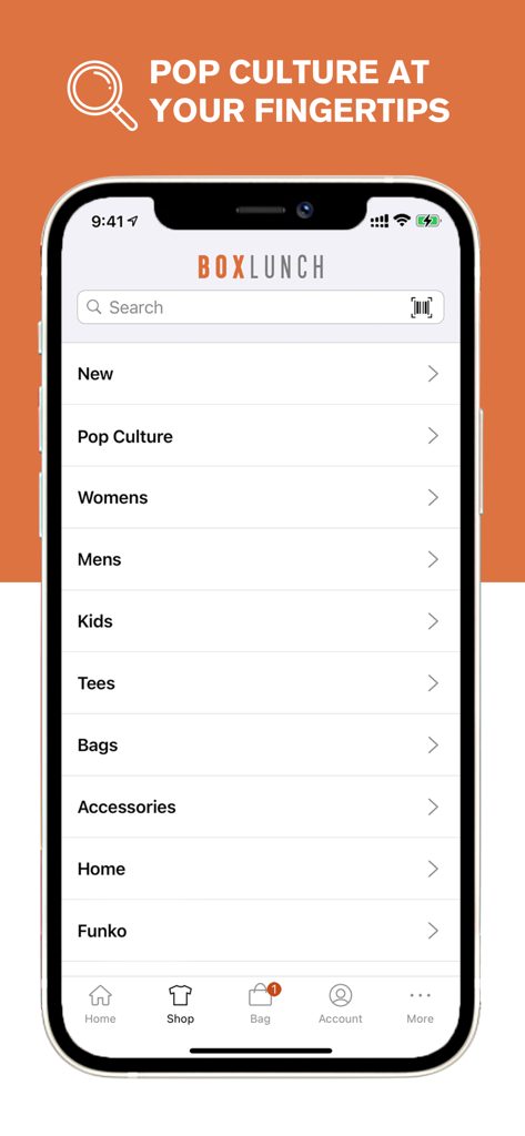 BoxLunch: Pop Culture Gifts - Screenshot of the BoxLunch app menu showing shopping categories like Pop Culture, Funko, and Womens apparel.