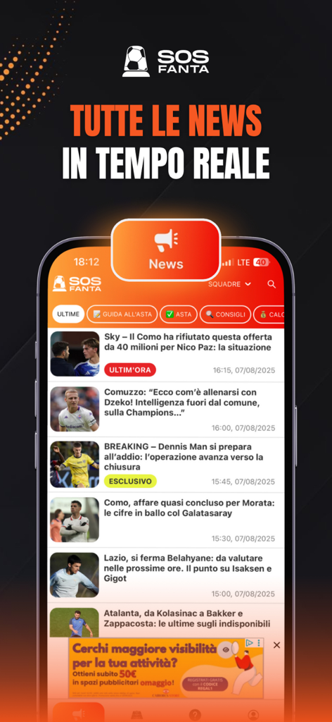 SOS Fanta -  Fantacalcio - Interfaz de la aplicación móvil SOS Fanta que muestra noticias del fútbol italiano y actualizaciones de fichajes en tiempo real