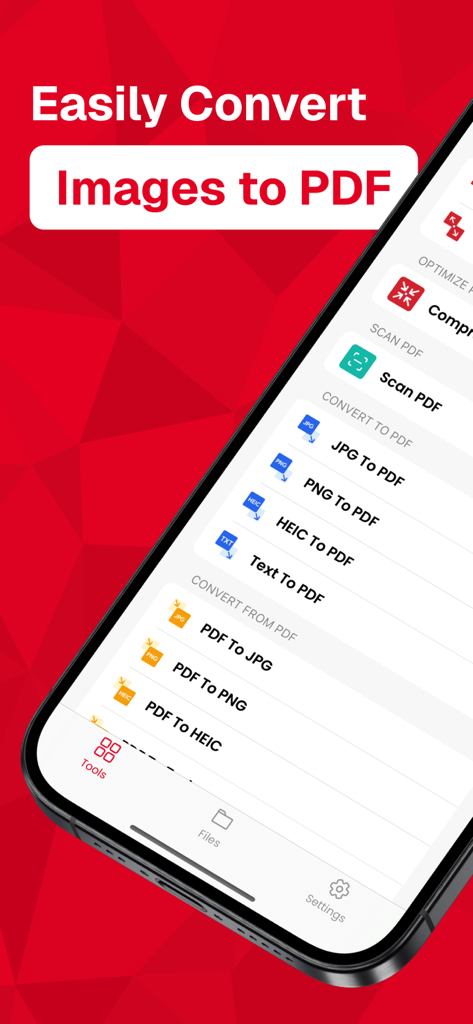 Photos to PDF Converter app interface listing tools for image conversion and document scanning