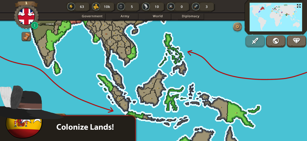 Countryballs at War - Countryballs at War strategy game map showing Southeast Asia with a colonize lands prompt