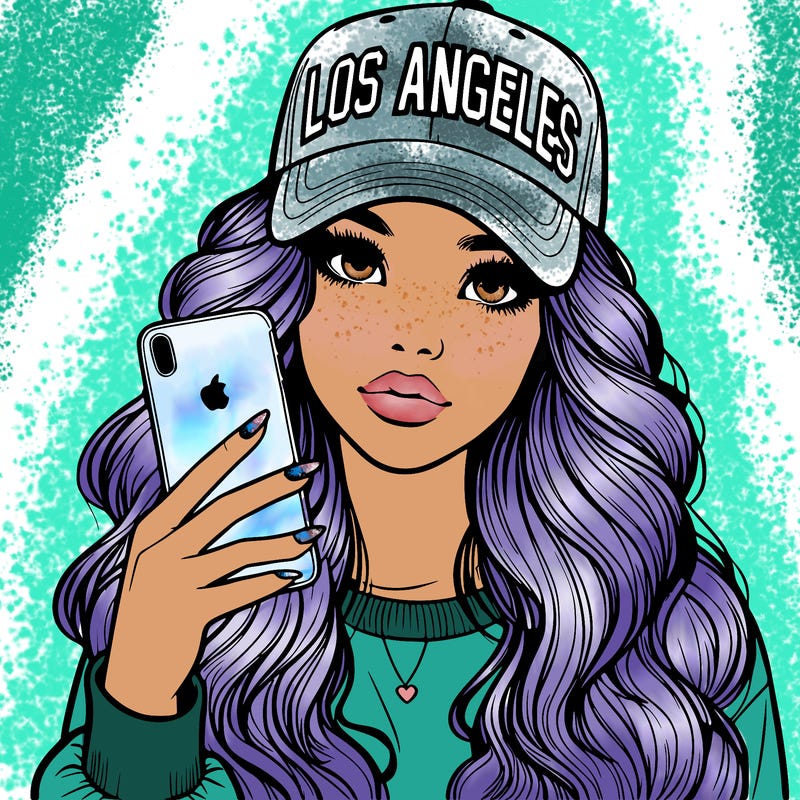 realistic beautiful girl wearing los ángeles cap holding an iphone