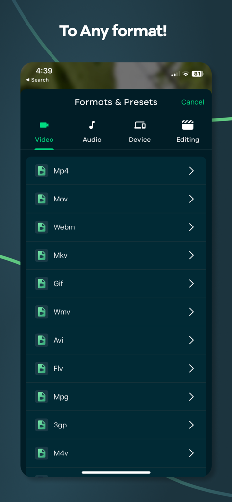 Mobile app interface showing a list of video formats including Mp4, Mov, and MKV for conversion.