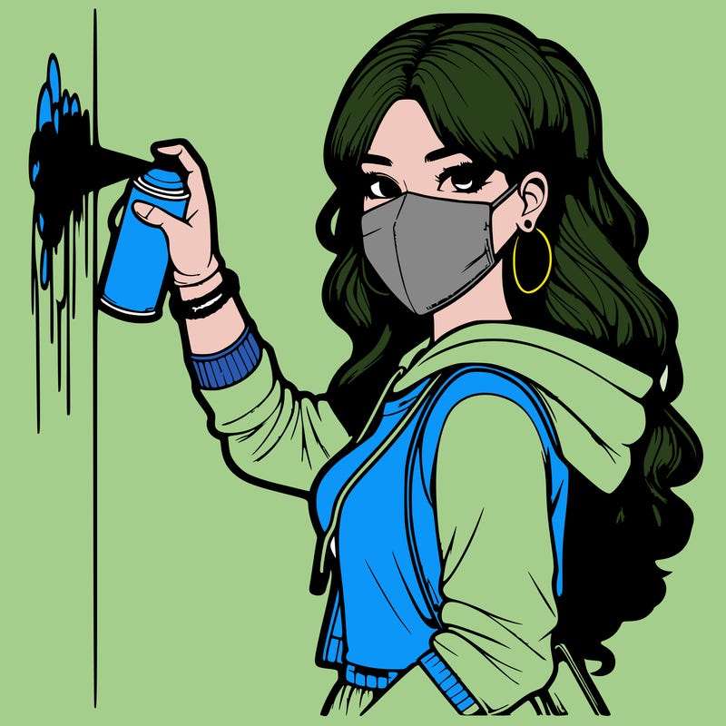 realistic girl with mask spray painting a wall