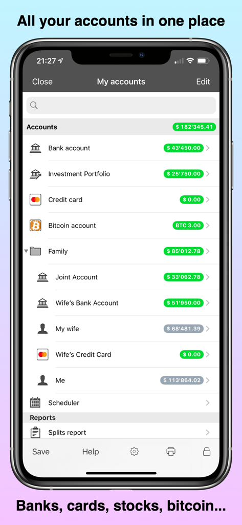 PocketMoney app dashboard showing bank investment credit card and bitcoin accounts in a list on an iPhone