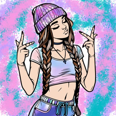 realistic teenage girl with braids and a beanie and crop top doing 🫶🏼