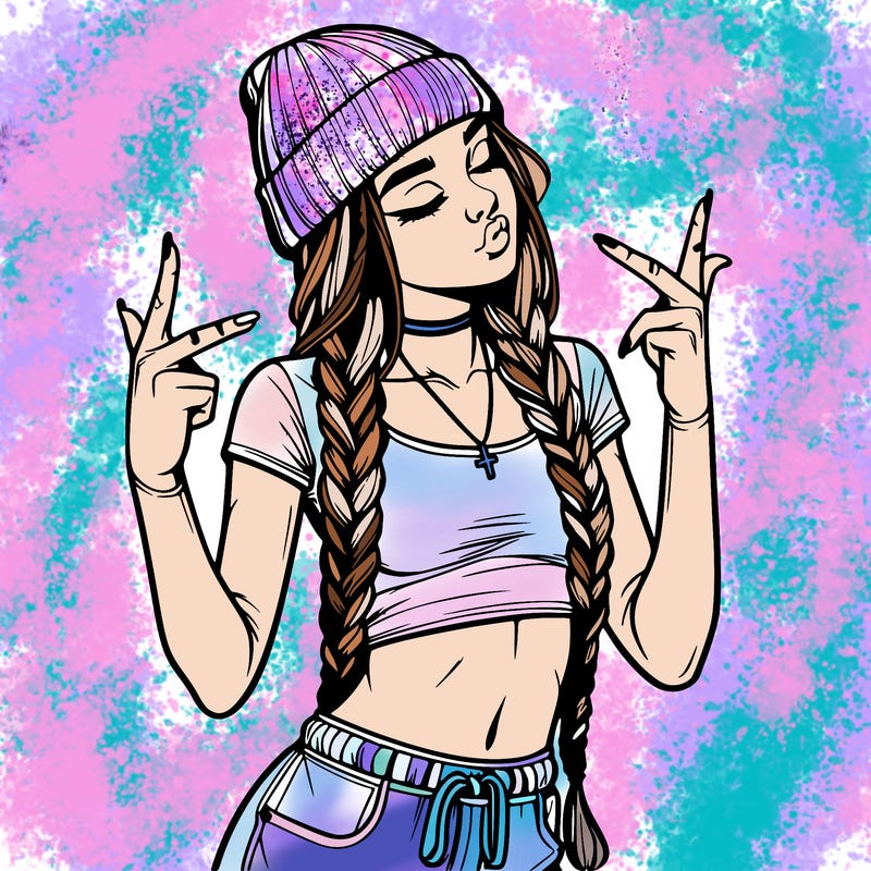 realistic teenage girl with braids and a beanie and crop top doing 🫶🏼