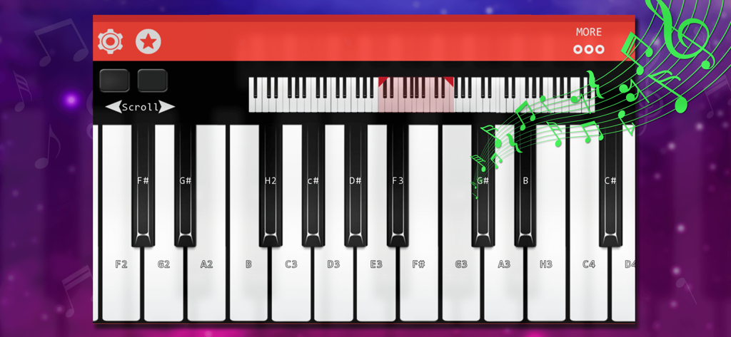 Real Piano : Be Pianist Hero - Virtual piano keyboard with labeled keys and floating musical notes in a mobile app interface